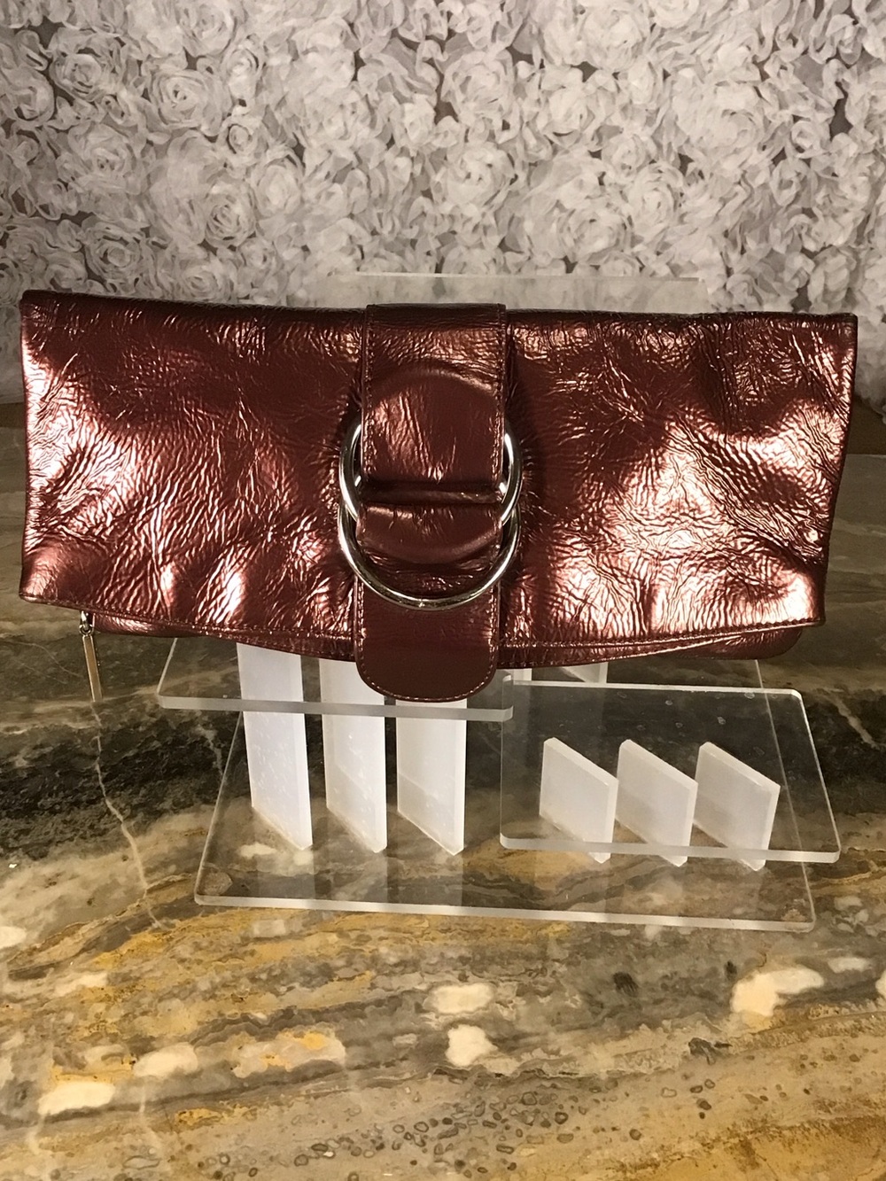 HOBO Metallic Bronze Fold-Over Clutch with Silver Ring Accent